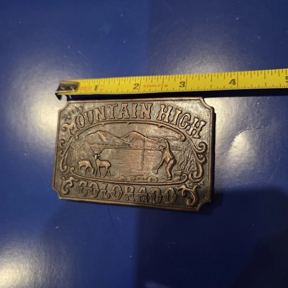 Vintage Rocky Mountain High Colorado Brass Belt Buckle Deer Mountains Hiker